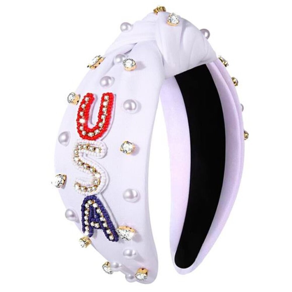 Rhinestone Pearl Jeweled 4th of July Headband, American Flag, Women's Hairband